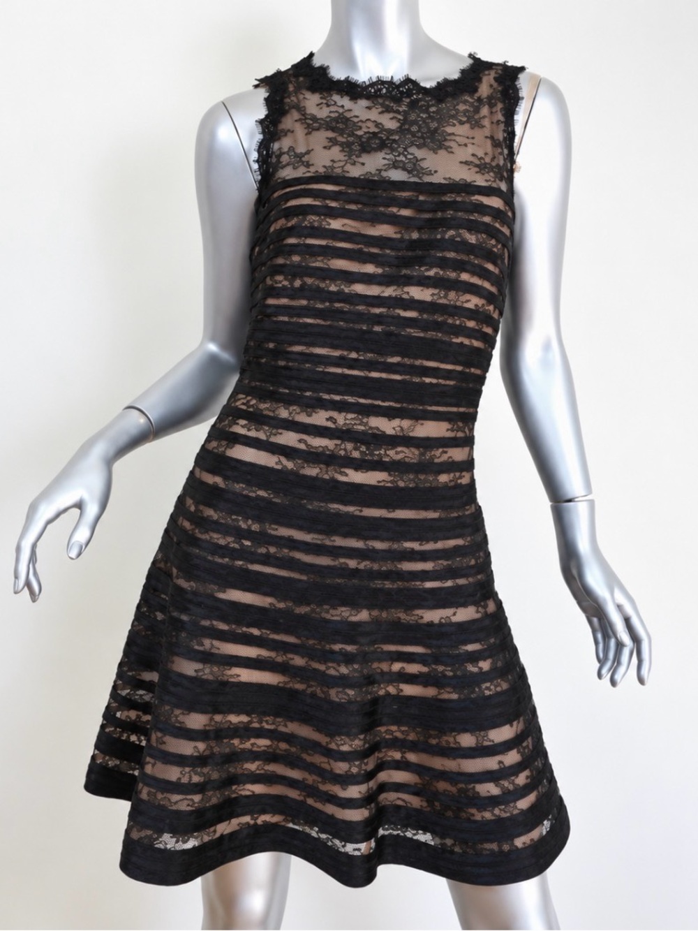 BCBGMAXAZRIA Jacqueline Black Stripe Lace Fit Flare Dress - Size 6